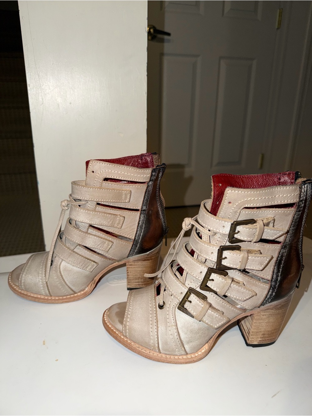 Freebird by Steven Beige Cutout Buckle Heeled Ankle Boots